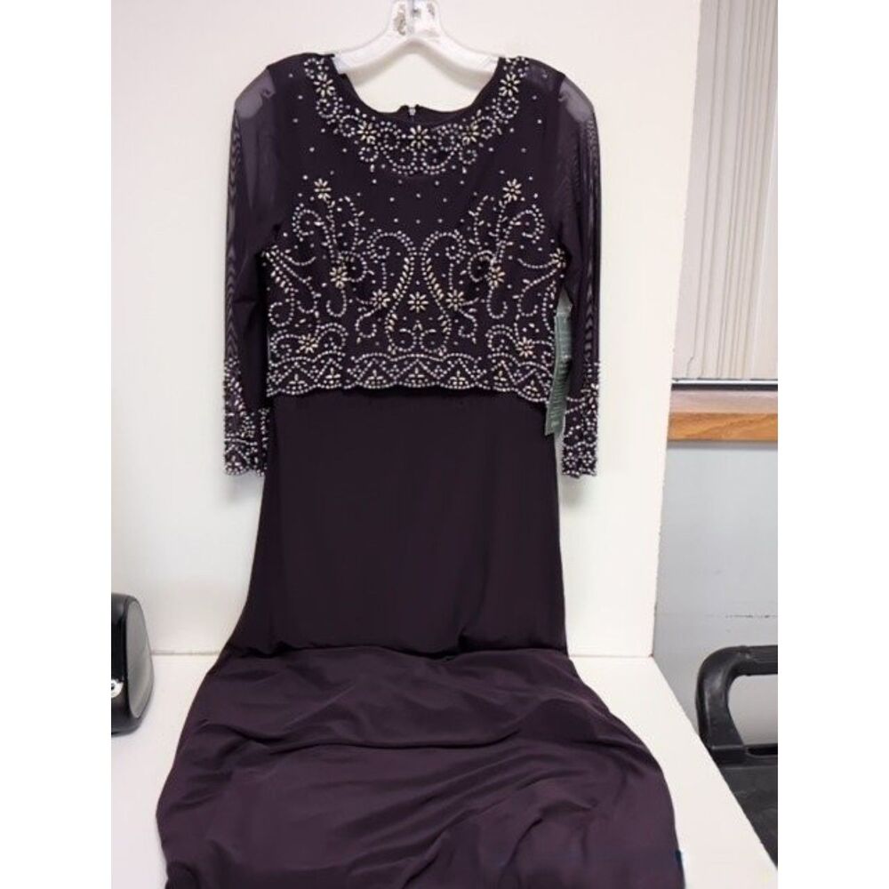 NWT Jackie Jon New York Purple Beaded Maxi Gown Dress Size 8 Eggplant Mesh